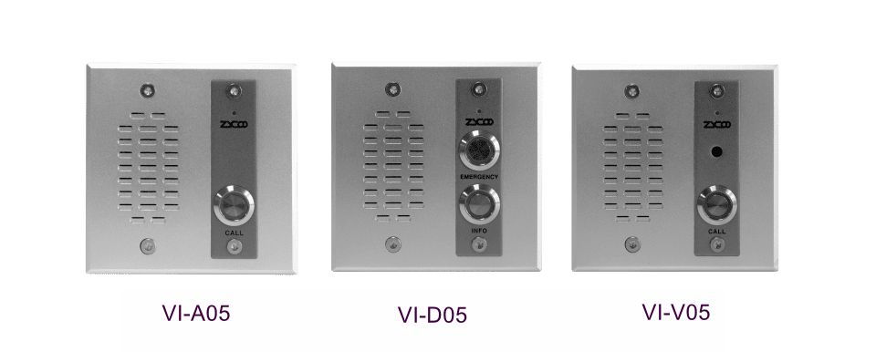 ZYCOO VI Series network intercoms: VI-A05 audio, VI-V05 video, and VI-D05 dual-button models
