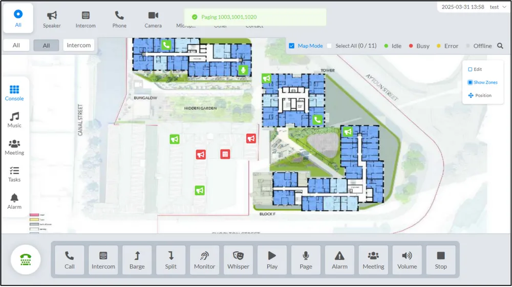 ZYCOO IP Audio Center software interface with map-based paging control and zone management dashboard