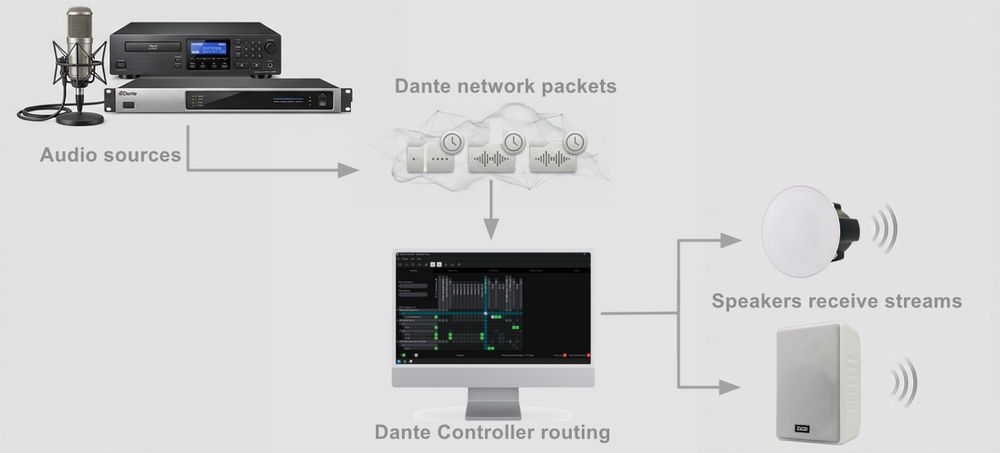 Dante network audio packet routing workflow featuring ZYCOO speakers and Dante Controller
