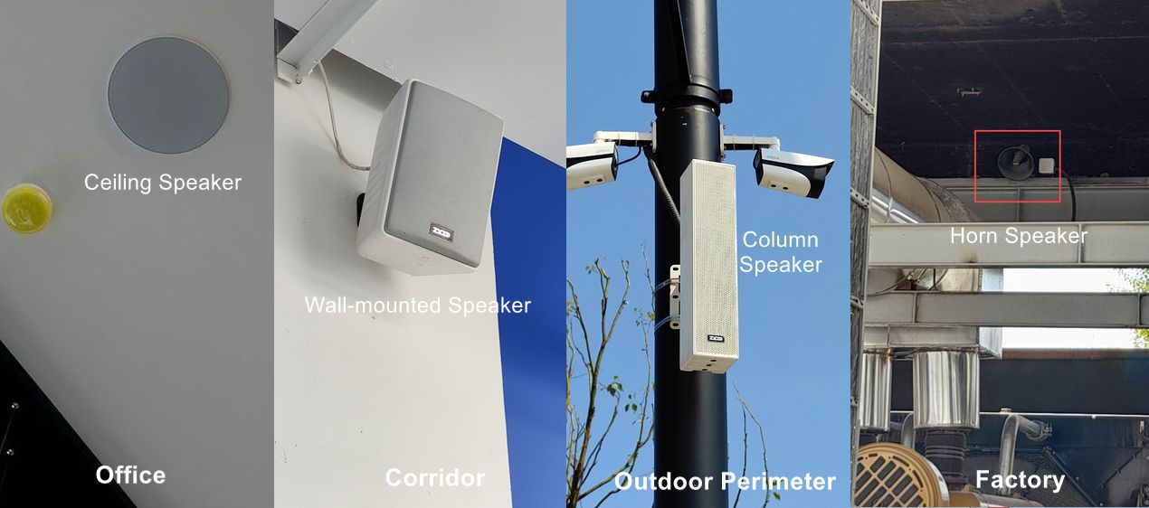 ZYCOO SIP speakers installed by environment: ceiling speaker in office, wall-mounted cabinet speaker in corridor, column speaker on outdoor perimeter pole, horn speaker in factory