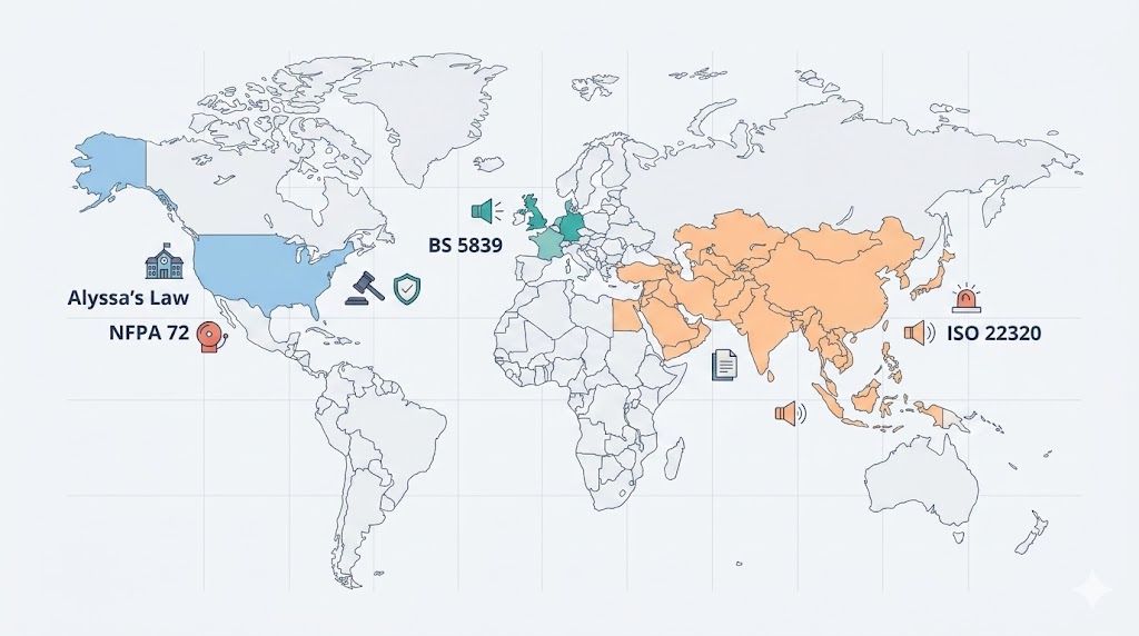 Global school emergency communication compliance frameworks by region including Alyssa's Law, NFPA 72, BS 5839, and ISO 22320