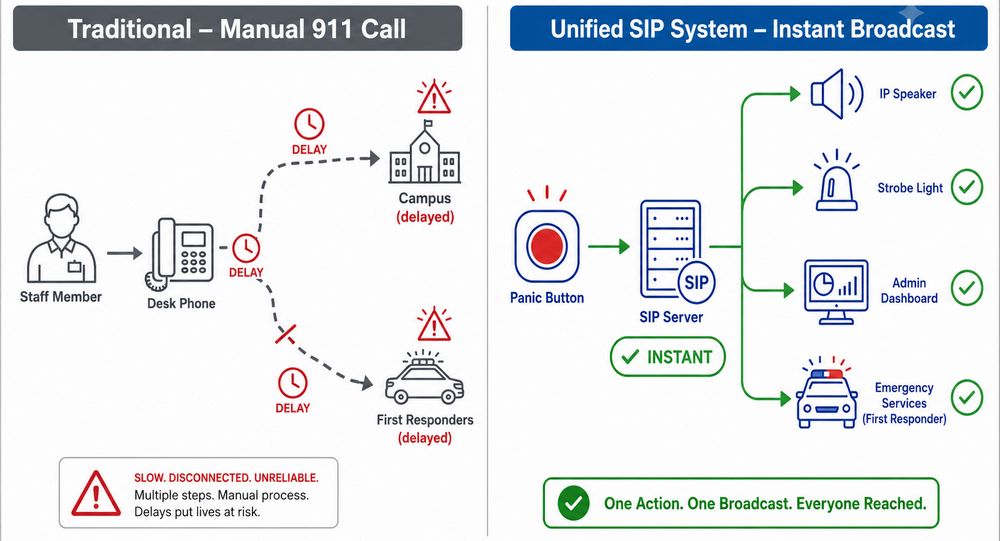 diagram comparing fragmented traditional emergency calling versus a unified SIP-based automated emergency notification flow
