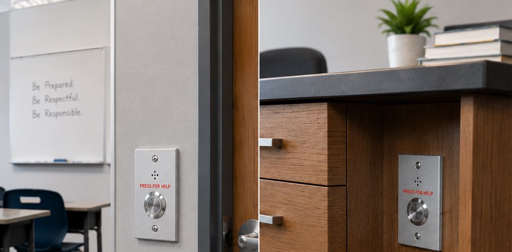 Product application visualization showing an IP network panic button installed discreetly under a desk and on a wall within a classroom.