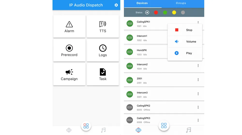 ZYCOO IP Audio Dispatch App interface showing alarm paging, TTS paging, and prerecorded message paging options
