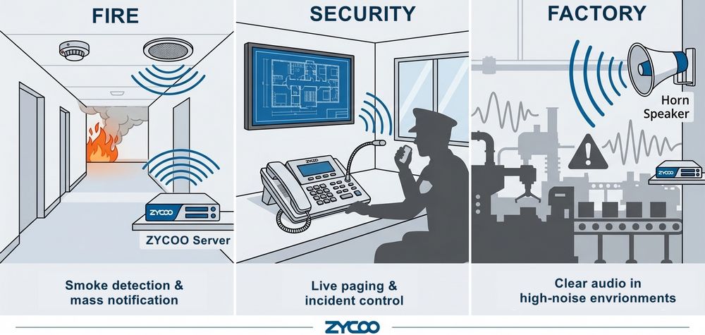 ZYCOO IP emergency PA system real in fire, security, and factory accidents